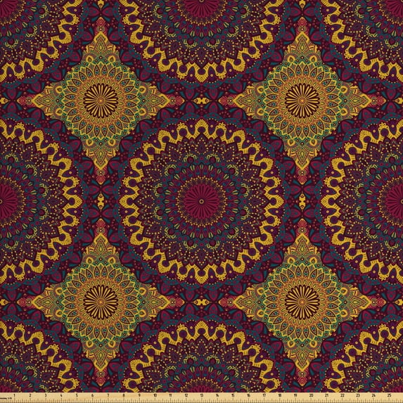 Ambesonne Moroccan Fabric by the Yard Upholstery, Tribal Art Mandala, 2 Yards, Plum Petrol Blue Yellow