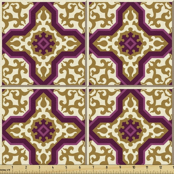 Ambesonne Moroccan Fabric by the Yard Upholstery, Traditional Mosaic Tiles, 1 Yard, Ginger Purple and Cream