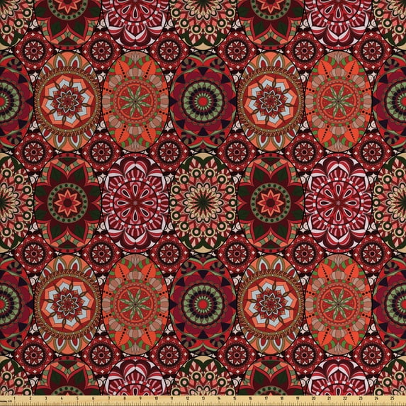 Ambesonne Moroccan Fabric by the Yard Upholstery, Vintage Ottoman Tile, 2 Yards, Green Vermilion Ruby