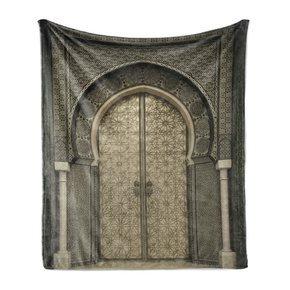 Moroccan Soft Flannel Fleece Blanket, Aged Gate Geometric Pattern Doorway Design Entrance Architectural Oriental Style, Cozy Plush for Indoor and Outdoor Use, 50" x 70", Sepia Black, by Ambesonne