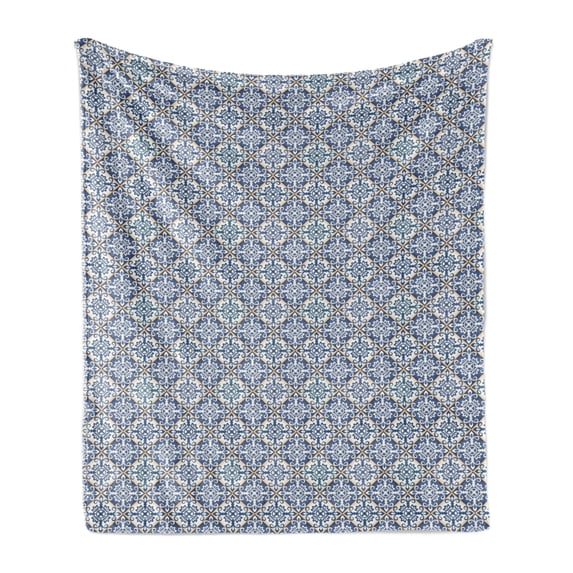 Moroccan Soft Flannel Fleece Blanket, Azulejo Ceramic Pattern with Rectangle Shapes with Diagonal Square Design, Cozy Plush for Indoor and Outdoor Use, 50" x 60", Blue Cream Marigold, by Ambesonne