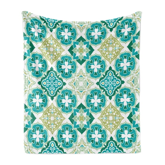 Moroccan Soft Flannel Fleece Blanket, Colored Tiled Pattern Geometrical Diagonal and Triangle Forms Oldest Craft, Cozy Plush for Indoor and Outdoor Use, 50" x 60", Green Teal White, by Ambesonne