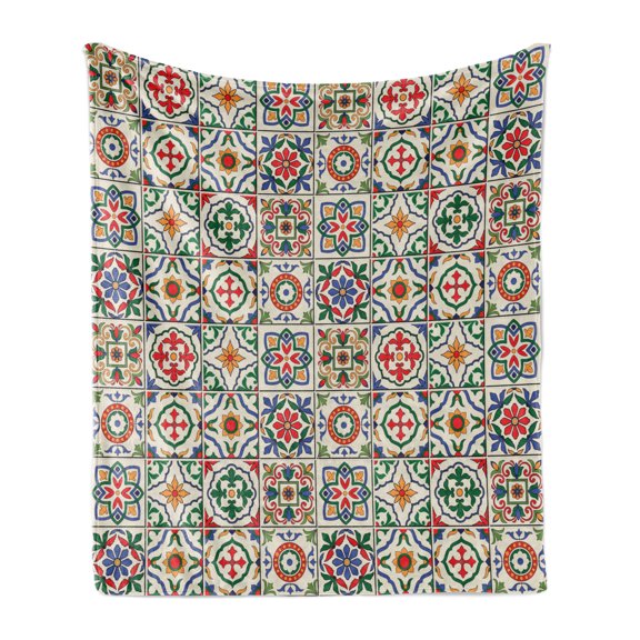 Moroccan Soft Flannel Fleece Blanket, Colorful Azulejo Pattern Portuguese Ornamental Abstract Floral Arrangements Leaves, Cozy Plush for Indoor and Outdoor Use, 70" x 90", Multicolor, by Ambesonne