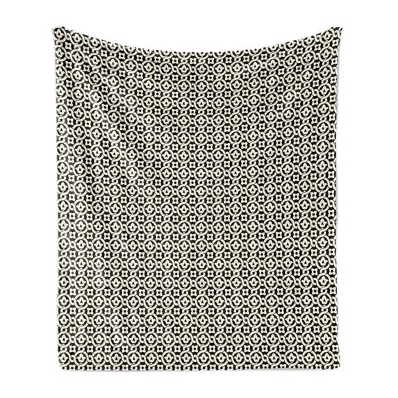 Moroccan Soft Flannel Fleece Blanket, Continuous Traditional Floral Inspired Simplistic Lines Illustration, Cozy Plush for Indoor and Outdoor Use, 70" x 90", Ivory and Charcoal Grey, by Ambesonne
