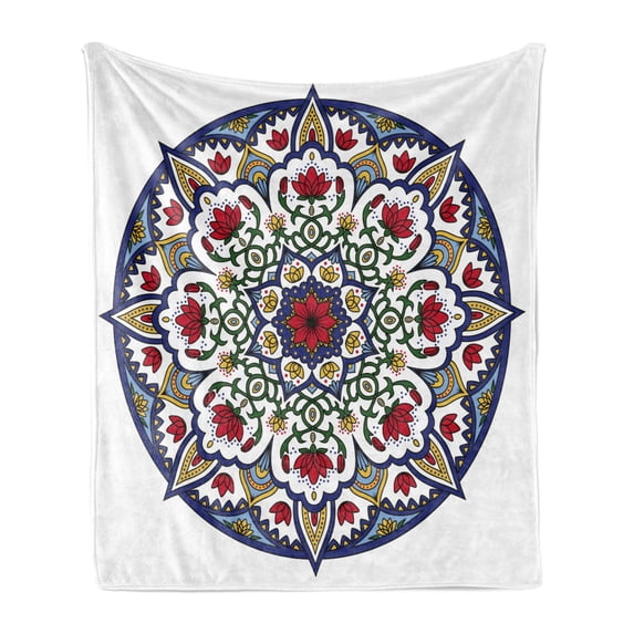 Moroccan Soft Flannel Fleece Blanket, Mandala Lotus Flowers Eastern Themed Oriental Circular Medallion Traditional, Cozy Plush for Indoor and Outdoor Use, 50" x 60", Green Blue Ruby, by Ambesonne