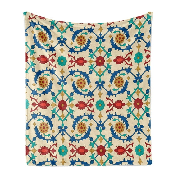 Moroccan Soft Flannel Fleece Blanket, Nostalgic Eastern Art Motifs with Floral Ornaments with Baroque Inspiration Ethnic, Cozy Plush for Indoor and Outdoor Use, 50" x 60", Multicolor, by Ambesonne