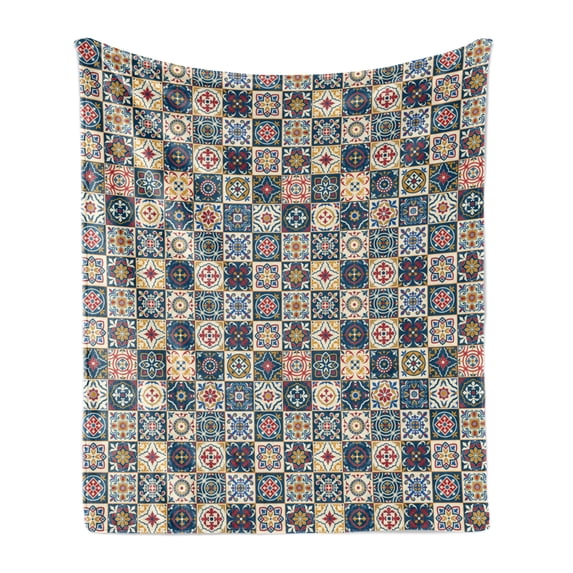 Moroccan Soft Flannel Fleece Blanket, Portuguese Azulejo Checkered Squares Colorful Pattern Floral Arrangement, Cozy Plush for Indoor and Outdoor Use, 50" x 70", Dark Blue Amber Red, by Ambesonne