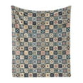 thumbnail image 1 of Moroccan Soft Flannel Fleece Blanket, Portuguese Azulejo Checkered Squares Colorful Pattern Floral Arrangement, Cozy Plush for Indoor and Outdoor Use, 70" x 90", Dark Blue Amber Red, by Ambesonne, 1 of 5