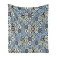 thumbnail image 1 of Moroccan Soft Flannel Fleece Blanket, Tile Pattern with Portuguese Traditional Azulejo Motifs Oriental Curls, Cozy Plush for Indoor and Outdoor Use, 50" x 70", Blue White Pale Brown, by Ambesonne, 1 of 6