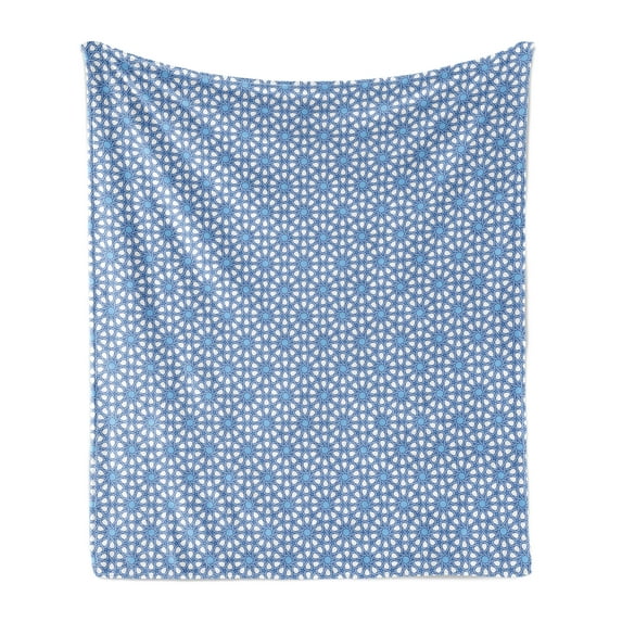Moroccan Soft Flannel Fleece Blanket, Traditional Moorish Tangled Lines Pattern Eastern Design Abstract Geometric, Cozy Plush for Indoor and Outdoor Use, 70" x 90", Baby Blue White, by Ambesonne