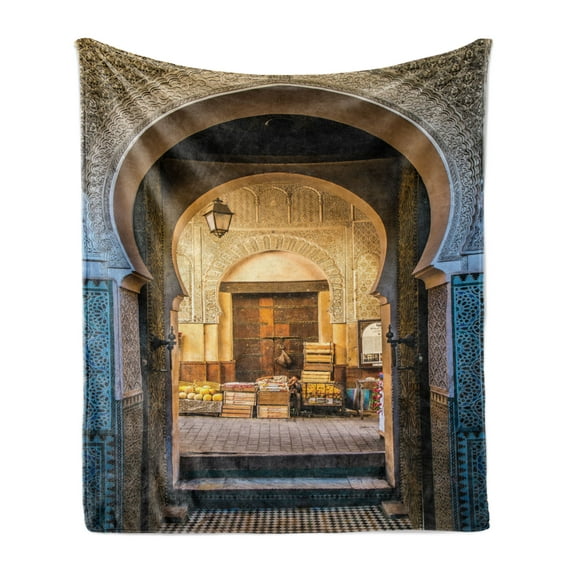Moroccan Soft Flannel Fleece Blanket, Typical Moroccan Door to Old Medina Mediterranean Historical Arch Entrance Artwork, Cozy Plush for Indoor and Outdoor Use, 50" x 70", Beige Blue, by Ambesonne