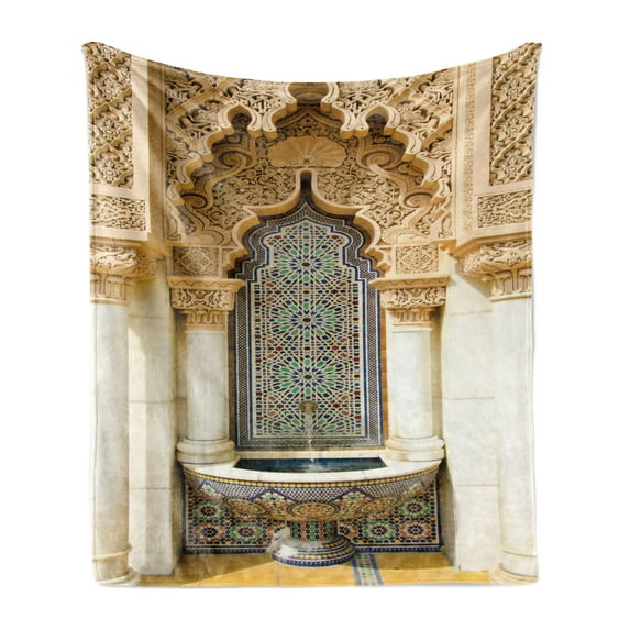 Moroccan Soft Flannel Fleece Blanket, Vintage Building Design Art Historic Exterior Facade with Mosaic Print, Cozy Plush for Indoor and Outdoor Use, 70" x 90", Ivory Pale Brown Blue, by Ambesonne