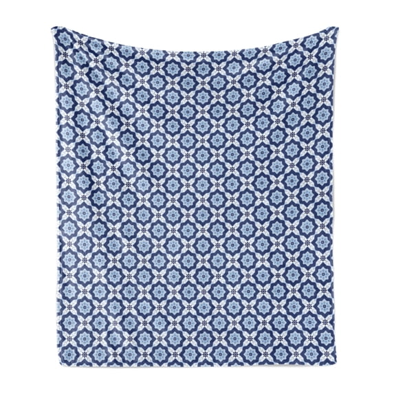 Moroccan Soft Flannel Fleece Throw Blanket, Azulejo Tile Pattern Diagonal Ceramic Pattern Star Design Ornament, Cozy Plush for Indoor and Outdoor Use, 60" x 80", Dark Blue White, by Ambesonne
