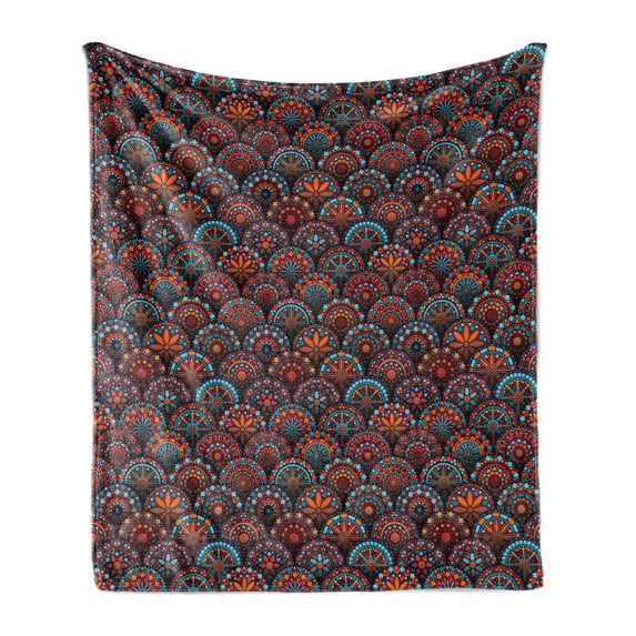 Moroccan Soft Flannel Fleece Throw Blanket, Circles Pattern Mandala Inspired Floral Arrangements Geometric Rectangles, Cozy Plush for Indoor and Outdoor Use, 50" x 60", Aqua Orange Ruby, by Ambesonne
