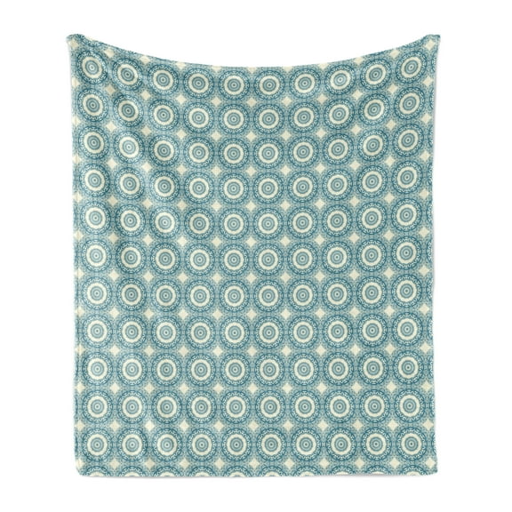 Moroccan Soft Flannel Fleece Throw Blanket, Circular Oriental Ornaments Repetitive Calming Motifs Print, Cozy Plush for Indoor and Outdoor Use, 70" x 90", Cream and Dark Sky Blue, by Ambesonne