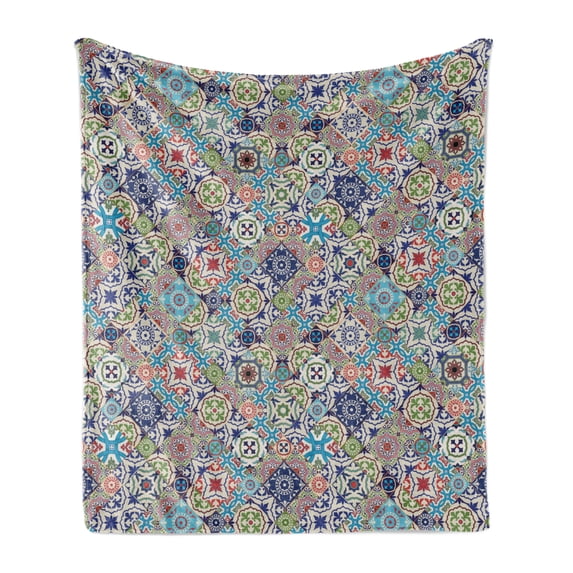 Moroccan Soft Flannel Fleece Throw Blanket, Complex Colorful Moroccan Tile Motifs Antique Floral Ornaments Design, Cozy Plush for Indoor and Outdoor Use, 50" x 60", Multicolor, by Ambesonne
