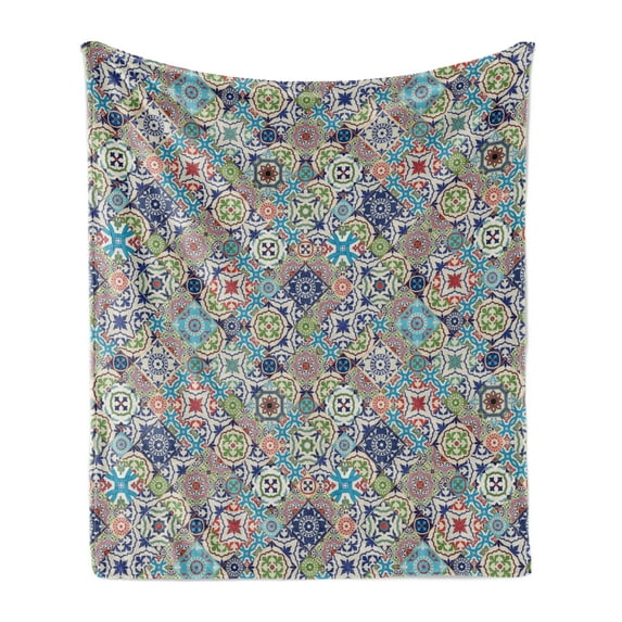 Moroccan Soft Flannel Fleece Throw Blanket, Complex Colorful Moroccan Tile Motifs Antique Floral Ornaments Design, Cozy Plush for Indoor and Outdoor Use, 60" x 80", Multicolor, by Ambesonne
