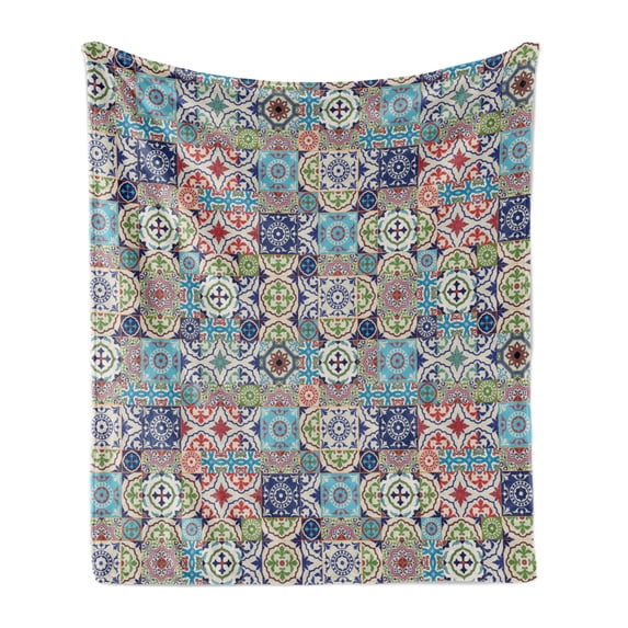 Moroccan Soft Flannel Fleece Throw Blanket, Geometric Squares and Rectangles Colorful and Complex Design Floral Arrangement, Cozy Plush for Indoor and Outdoor Use, 50" x 70", Multicolor, by Ambesonne