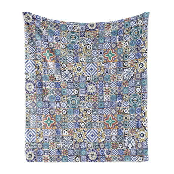 Moroccan Soft Flannel Fleece Throw Blanket, Grid Style Squares Ornamental Geometric Elements Oriental Culture Illustration, Cozy Plush for Indoor and Outdoor Use, 50" x 60", Multicolor, by Ambesonne