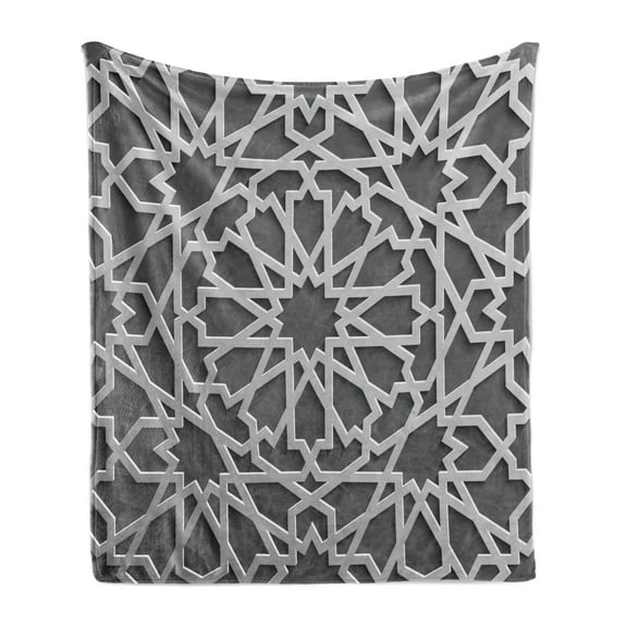 Moroccan Soft Flannel Fleece Throw Blanket, Historical Heraldic Empire Design Interlace Form Mix of Star Flowers Motifs Print, Cozy Plush for Indoor and Outdoor Use, 50" x 70", Grey, by Ambesonne