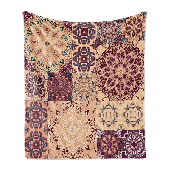 Moroccan Soft Flannel Fleece Throw Blanket, Large Colorful Vintage Ceramic Tiles Design Floral Forms, Cozy Plush for Indoor and Outdoor Use, 50" x 70", Peach Orange Red, by Ambesonne
