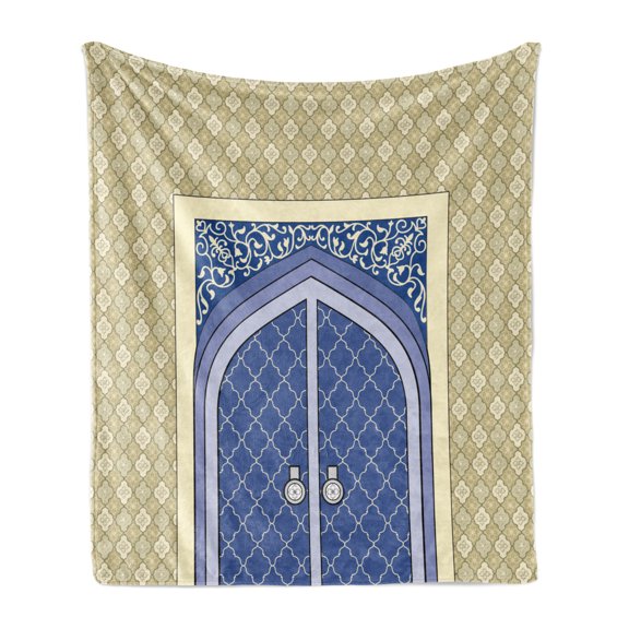 Moroccan Soft Flannel Fleece Throw Blanket, Medieval Door with Ottoman Architecture Persian Influences Culture Design, Cozy Plush for Indoor and Outdoor Use, 70" x 90", Blue Beige, by Ambesonne
