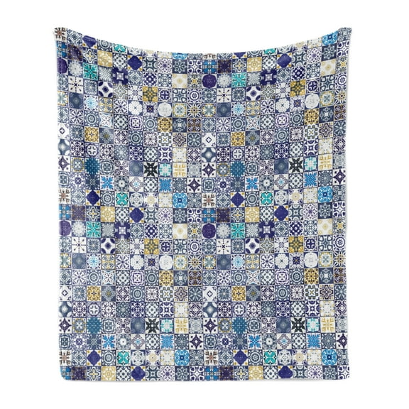 Moroccan Soft Flannel Fleece Throw Blanket, Mediterranean Square Tile Motifs Pattern Vintage Traditional Composition, Cozy Plush for Indoor and Outdoor Use, 60" x 80", Multicolor, by Ambesonne