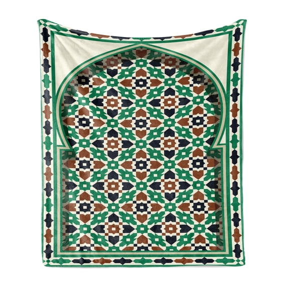 Moroccan Soft Flannel Fleece Throw Blanket, Middle Eastern Style Moroccan Door Arch with Medieval Floral Details Retro, Cozy Plush for Indoor and Outdoor Use, 70" x 90", Green and Brown, by Ambesonne