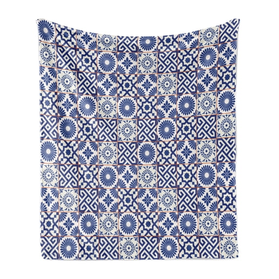 Moroccan Soft Flannel Fleece Throw Blanket, Old Ottoman Style Inspired Mix of Moroccan Tiles in Modern Shades Artwork Print, Cozy Plush for Indoor and Outdoor Use, 50" x 60", Grey Blue, by Ambesonne