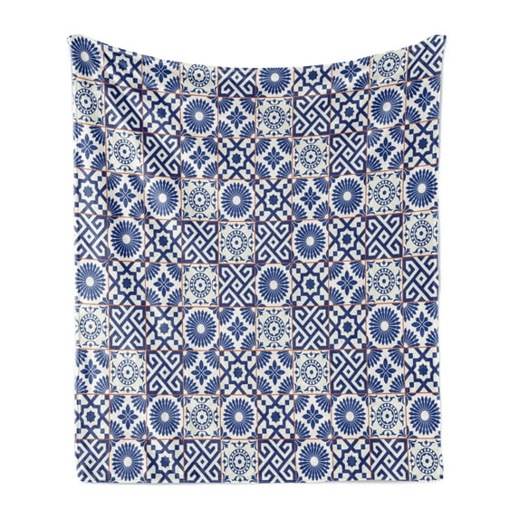 Moroccan Soft Flannel Fleece Throw Blanket, Old Ottoman Style Inspired Mix of Moroccan Tiles in Modern Shades Artwork Print, Cozy Plush for Indoor and Outdoor Use, 70" x 90", Grey Blue, by Ambesonne