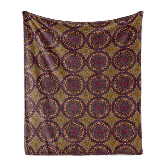 Moroccan Soft Flannel Fleece Throw Blanket, Oriental Art Style Mandala Motifs Vintage Design Inspirations, Cozy Plush for Indoor and Outdoor Use, 50" x 70", Plum Petrol Blue Yellow, by Ambesonne