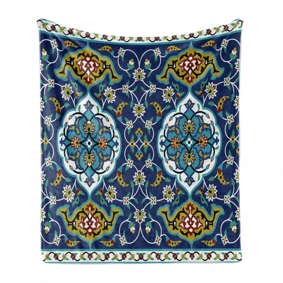 Moroccan Soft Flannel Fleece Throw Blanket, Oriental Motif with Vintage Byzantine Style Tile Effects Artwork, Cozy Plush for Indoor and Outdoor Use, 50" x 70", Mustard Royal Blue, by Ambesonne