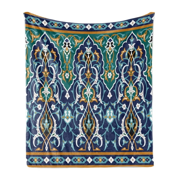 Moroccan Soft Flannel Fleece Throw Blanket, Oriental Petals Hippie Vintage Mosaic Design, Cozy Plush for Indoor and Outdoor Use, 70" x 90", Blue Mustard, by Ambesonne