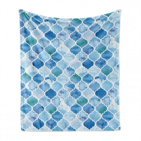 Moroccan Soft Flannel Fleece Throw Blanket, Oriental Style Mosaic Pattern in Watercolor Paint Retro Style Artwork Print, Cozy Plush for Indoor and Outdoor Use, 70" x 90", Pale Blue, by Ambesonne