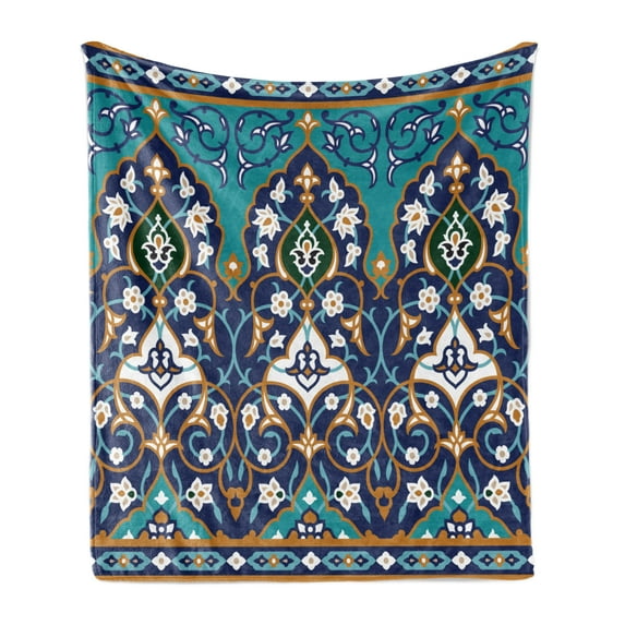 Moroccan Soft Flannel Fleece Throw Blanket, Ottoman Folkloric Art Inspired Abstract Aged Middle Age Renaissance Print, Cozy Plush for Indoor and Outdoor Use, 70" x 90", Navy Blue, by Ambesonne