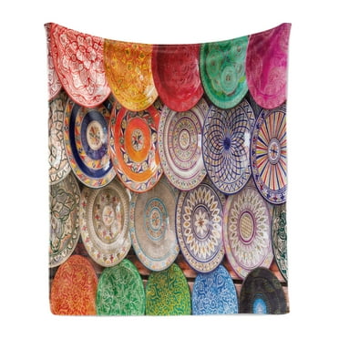 Moroccan Soft Flannel Fleece Throw Blanket, Traditional Handcrafted Colorful Plates Shot at the Market in Marrakesh, Cozy Plush for Indoor and Outdoor Use, 70" x 90", Multicolor, by Ambesonne
