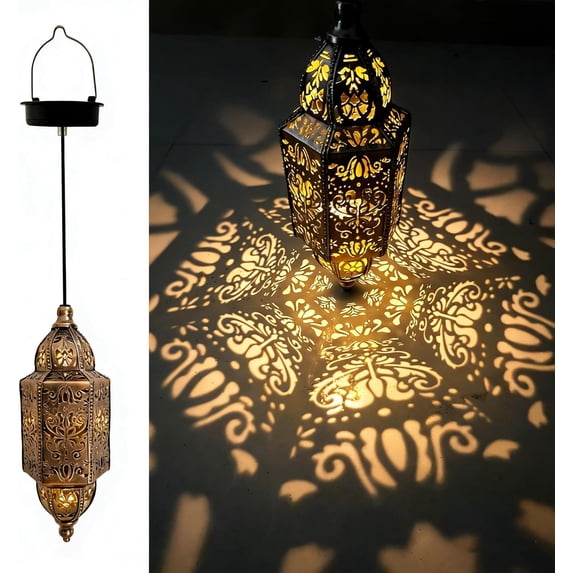 Moroccan Solar Hanging Lantern, Outdoor Metal Decorative Light with Cutout Floral Pattern, Waterproof LED Lantern for Patio, Garden, Yard