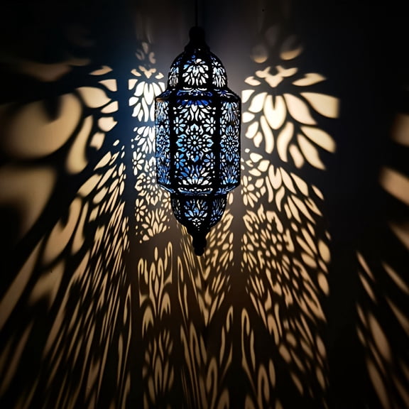 Moroccan Solar Lantern with Flower Projections | Hollow Iron Hexagonal Design | Outdoor Hanging Light for Halloween & Landscape Decor