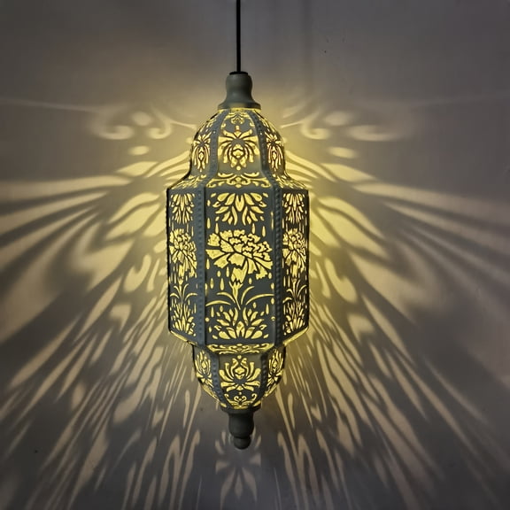 Moroccan Solar Lantern with Flower Projections | Hollow Iron Hexagonal Design | Outdoor Hanging Light for Halloween & Landscape Decor