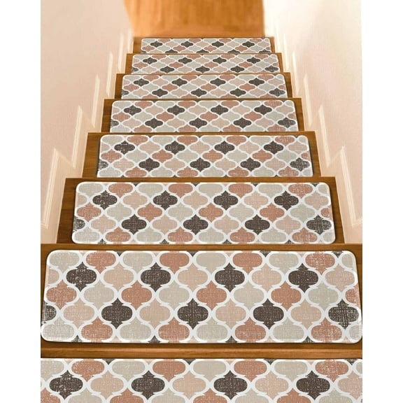 Moroccan Stair Treads for Wooden Steps Indoor Runner Rug Carpet, Retro Moroccan Brown 10 Pieces Peel and Stick Staircase Step Treads Covers Washable Throw Door Mats, 30"x8"