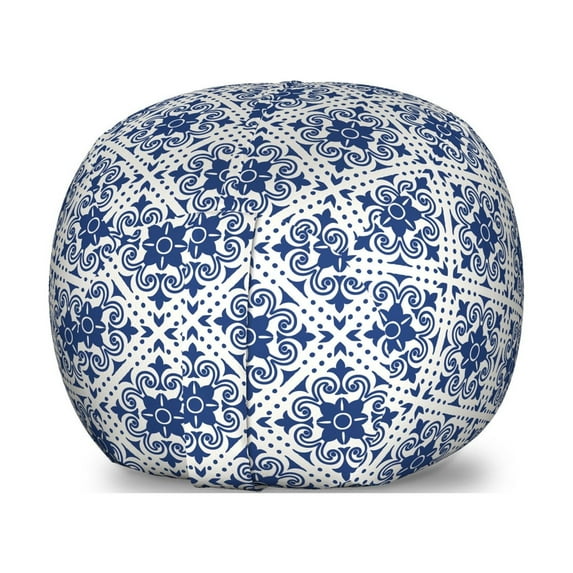 Moroccan Storage Toy Bag Chair, Floral Inspired Classical Oriental Damask Repeating Simplistic Print, Stuffed Animal Organizer Washable Bag, Large Size, Off White Dark Sky Blue, by Ambesonne