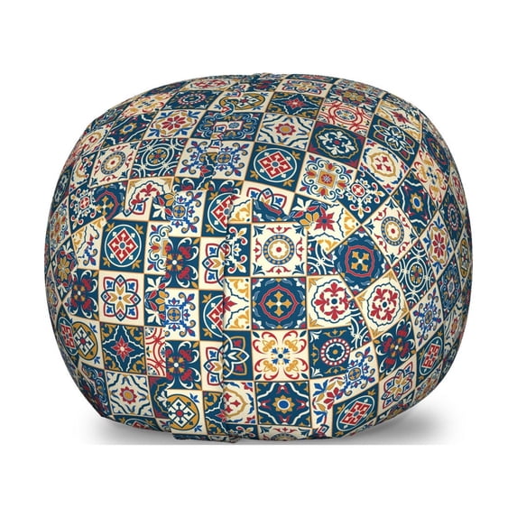 Moroccan Storage Toy Bag Chair, Portuguese Azulejo Checkered Squares Colorful Pattern Floral Arrangement, Stuffed Animal Organizer Washable Bag, Large Size, Dark Blue Amber Red, by Ambesonne