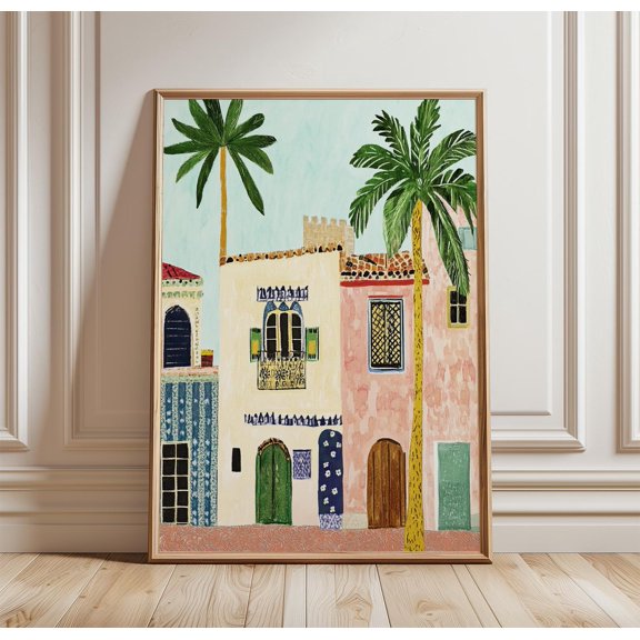 Moroccan Street Poster | Colorful Building Wall Art | Mediterranean Palm Print | Travel Style Illustration | Boho Decor, Poster Only