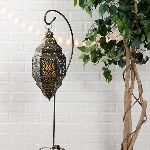 Moroccan Style Candle Lantern Holder, Decorative Light Home Decor, Indoor & Outdoor, 41.25" Tall, Black with Stand