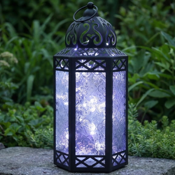 Moroccan Metal Candle Lantern Holder with LED Fairy String Lights, Large, Clear