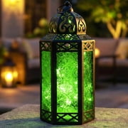 Moroccan Metal Candle Lantern Holder with LED Fairy String Lights, Large, Green