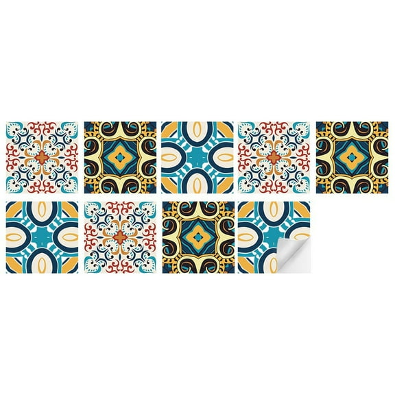 Moroccan Style Tile Sticker, 9Pcs Traditional DIY Murals, Tile Waterproof Oil Proof Removable Decals for Bathroom & Kitchen Backsplash