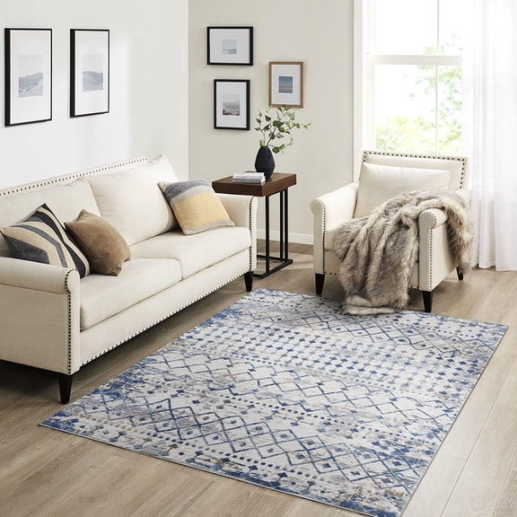 Moroccan Style Woven Area Rug, Blue Cream Color, Medium Soft Pile, Vacuum And Spot Clean, Transparent Sprayed Latex Reverse, Living Room Decor Global Floor & , Machine Crafted, Cut Loop, To Stains