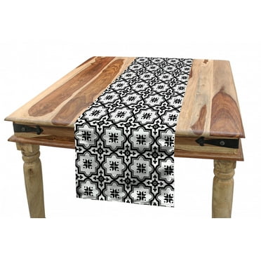 Moroccan Table Runner, Monochrome Pattern Oriental Architecture Inspired Design Oval Symmetric, Dining Room Kitchen Rectangular Runner, 3 Sizes, by Ambesonne