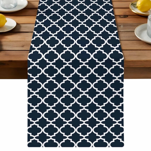 Moroccan Table Runner, Navy Blue Geometric Cotton Linen Table Cloth, Farmhouse Abstract Modern Tablerunner for Kitchen Dining Party Wedding Home Decor 13x36 Inch